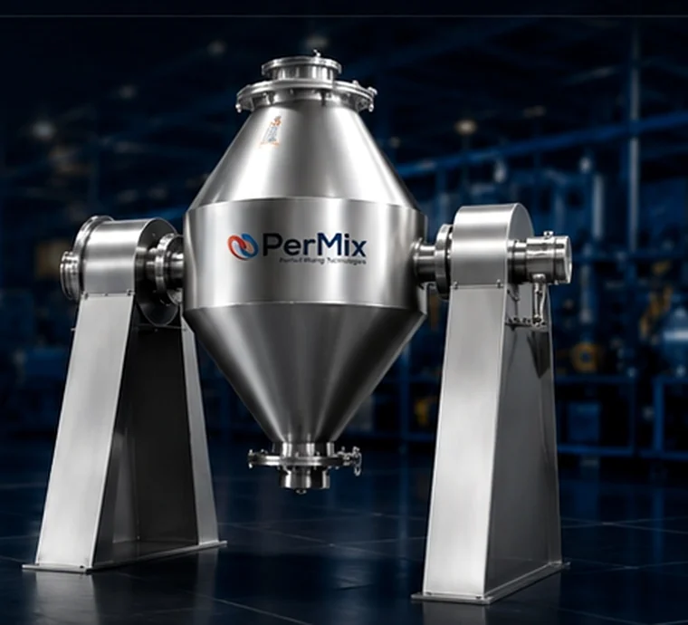 PerMix stainless steel double cone tumble blender on support frame