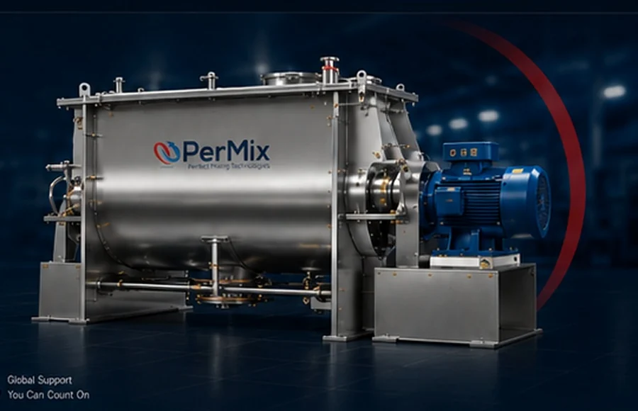 PerMix horizontal industrial ribbon mixer with stainless steel vessel and blue motor
