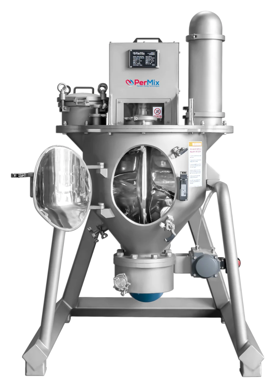 PerMix vertical paddle mixer with open inspection door and visible paddle agitator