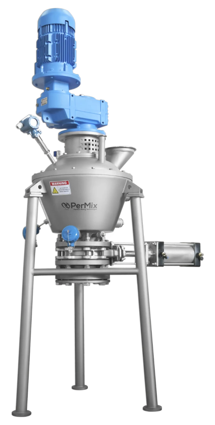 PerMix vertical ribbon mixer with top-mounted blue gearmotor and conical stainless steel vessel
